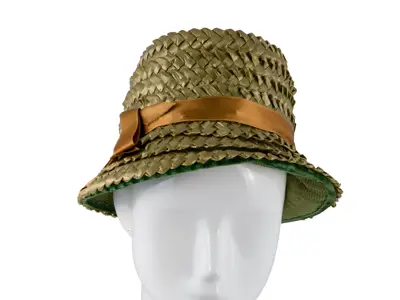 Straw cloche hat with satin ribbon, belonged to Hazel Lillian Mae (Davidson) Moore. 