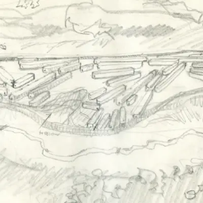 A sketch of bark-covered loghouses